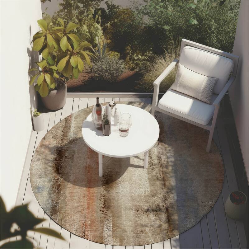 Machine Washable Indoor/ Outdoor Modern Imprints Chantille Rug - Beige - 8' x 8'