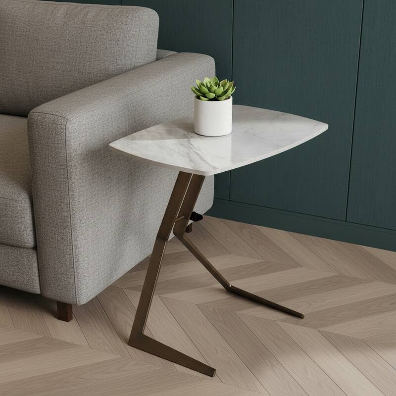 HomeRoots 24" White And Bronze Ceramic Faux Marble and Steel End Table - 24.00 in. x 24.00 in. x 16.00 in. - White/Gray - Marble