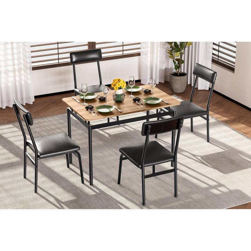 5 Piece Dining Table Set for 4, Small Industrial Kitchen Table with PU Padded Chairs & Metal Frames