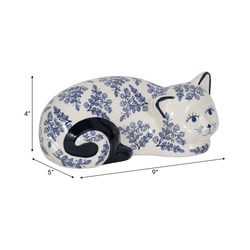 Ceramic Cat Sculpture Contemporary Vintage Style Chinoiserie Blue and White Floral Cat Statue Cat Lover