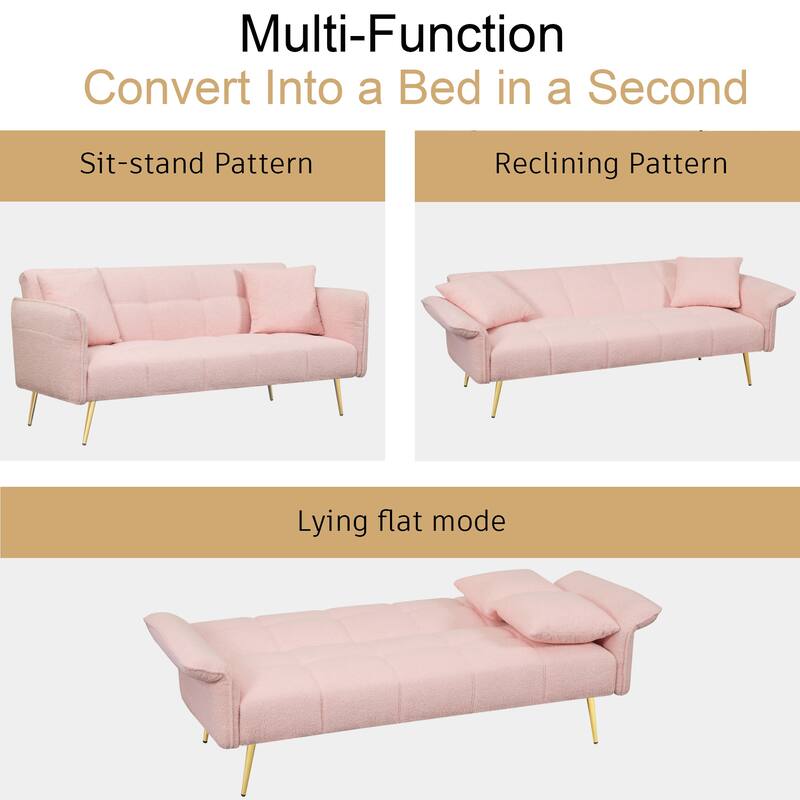 Futon Loveseat Sofa Bed, 70" Teddy Fabric Sleeper Couch with Adjustable Backrest & Armrests, Modern Convertible Futon Couch