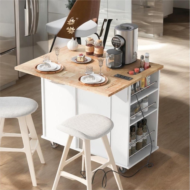 Kitchen Cart with Power Outlet and Drop Leaf, White Bed Bath