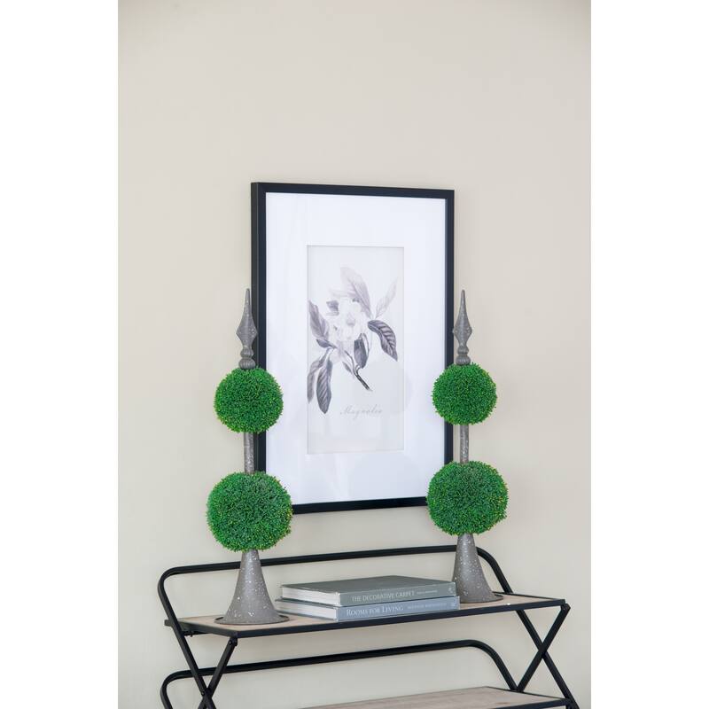 Artificial Two-Tiered Boxwood Sphere Topiary on Metal Spire