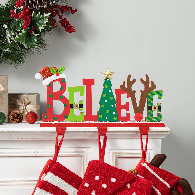 Glitzhome 7.75" H Wooden/Metal BELIEVE Christmas Stocking Holder Mantel Ornament