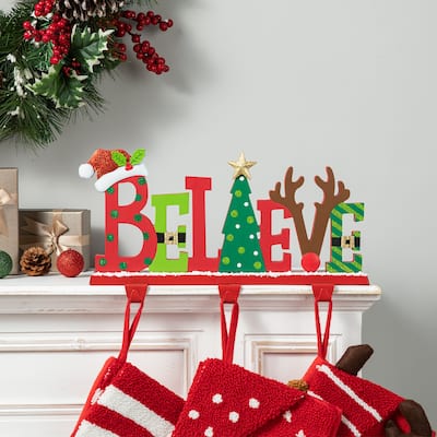 Glitzhome 7.75" H Wooden/Metal BELIEVE Christmas Stocking Holder Mantel Ornament