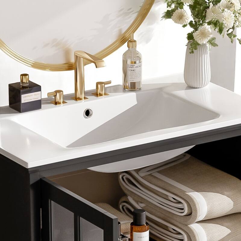 30" Bathroom Vanity with Ceramic Sink, Tempered Blurred Glass Doors,Adjustable Shelf, Freestanding Cabinet (Faucet Not Included)