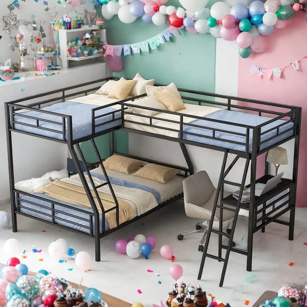 slide 2 of 17, Modern Twin Over Full Bunk Bed With A Twin Size Loft Bed Attached,With A Desk for Bedroom Black
