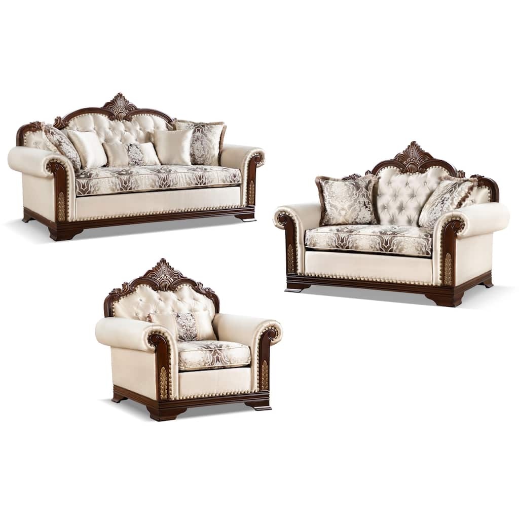Furniture of America Mirabella Traditional 3-Piece Beige Tufted Solid Wood Sofa Set with Accent Pillows