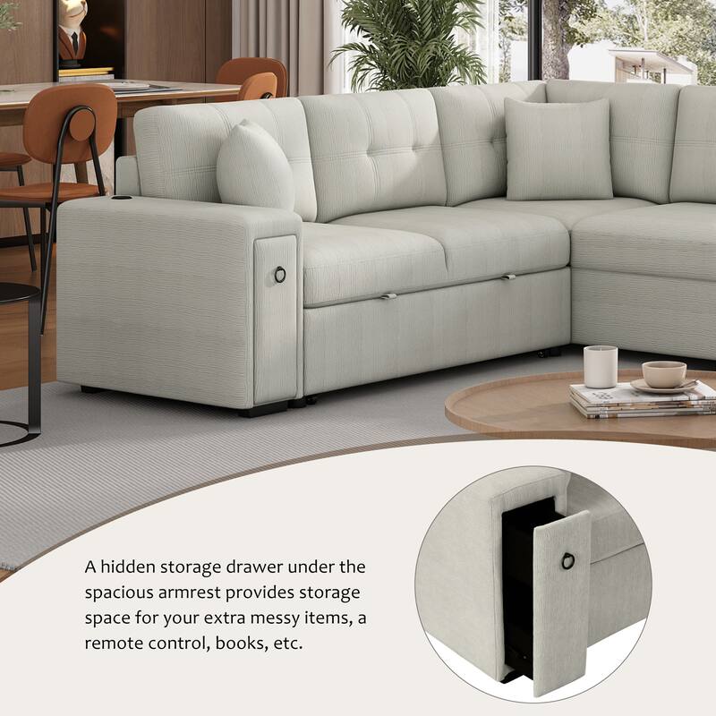 Convertible Sectional Sofa Bed with Ottoman, Chenille L-Shaped Pull Out Couch with Drawer 2 USB Ports & 2 Cup Holders