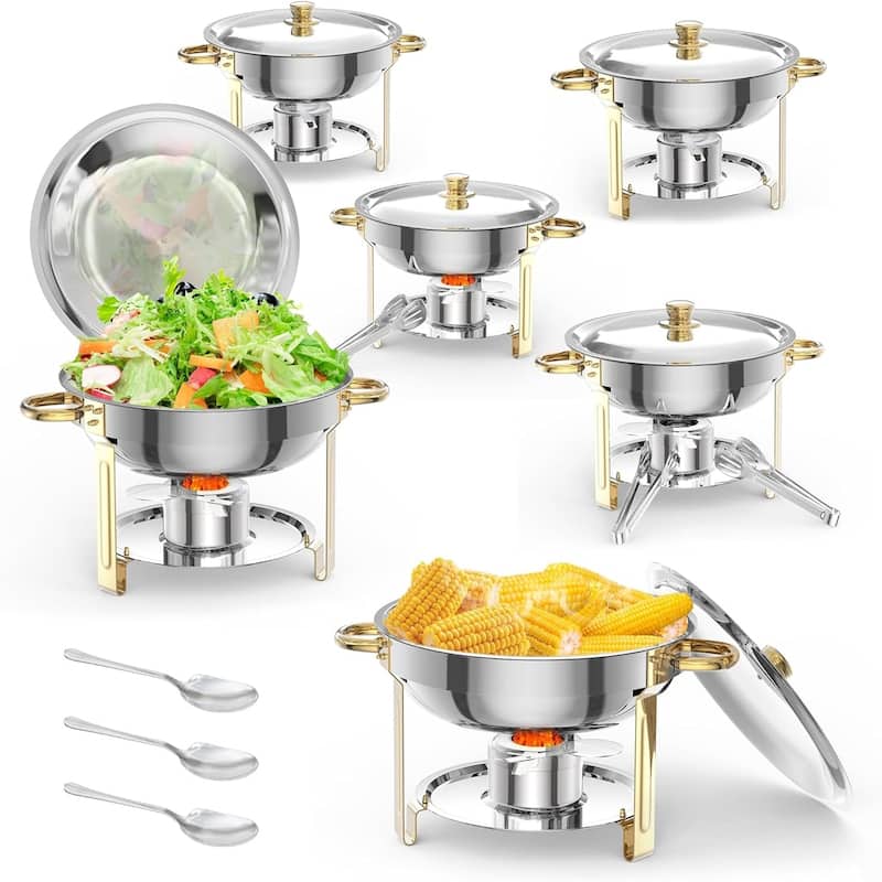 6 Pack 5QT Round Chafing Dishes Buffet Set with Lids - Includes Lid Holder Serving Spoon Tweezers - 5L 6-piece set