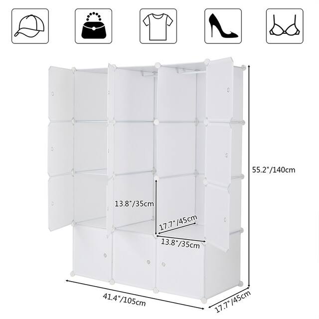 8/12/16/20 Cube Organizer Stackable Plastic Cube Storage Closet Cabinet with Hanging Rod White