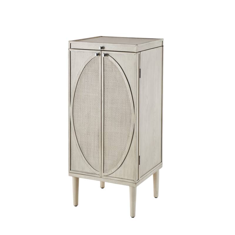 Wooden Geometric Oval Rattan Jewelry Cabinet with Mirrored Lift Top - Light Gray - Roche River Decor - 18"W x 20"L x 47"H