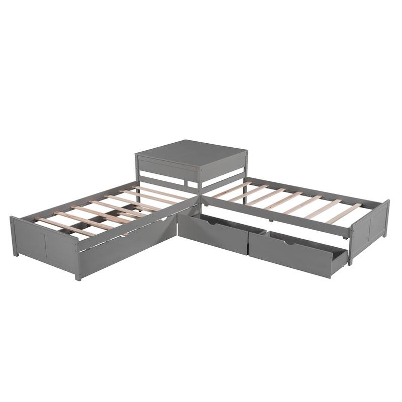 Twin Size Platform Bed with Built-in Desk and Drawers Linked, L-Shaped Trundle, Wooden Support Bed Frame No Box Spring Needed