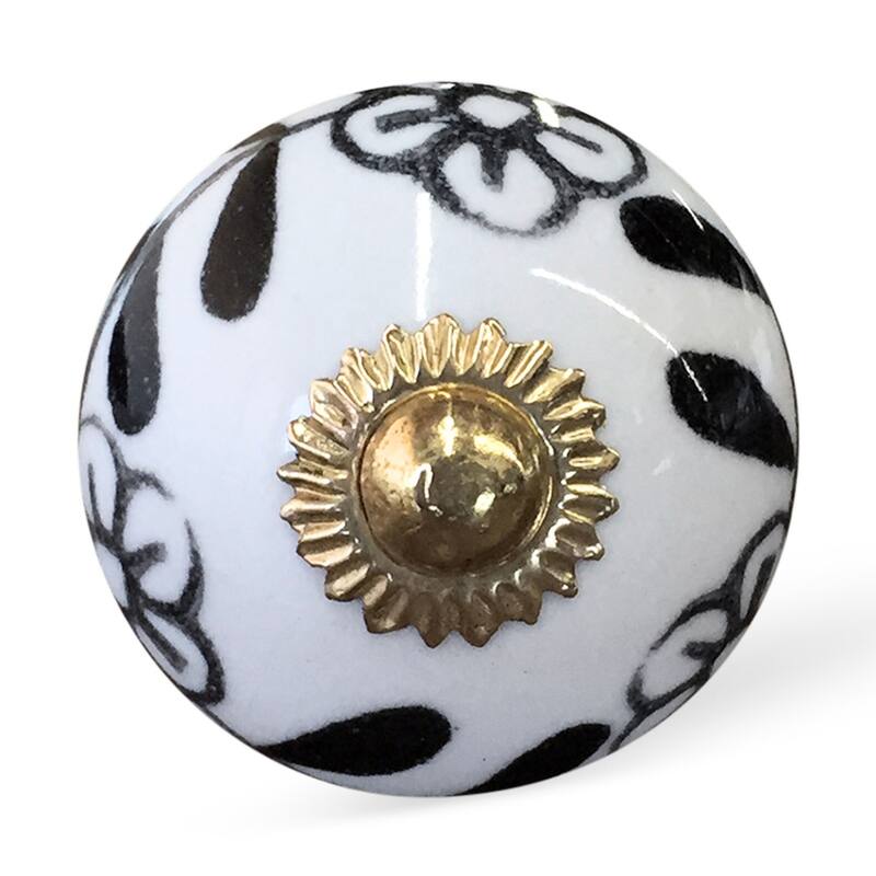 Set of 8 Blue and White Ceramic Drawer Knobs with Gold Finish, Hand Painted Floral Cabinet Pulls - 1.5” x 1.5” x 1.5”