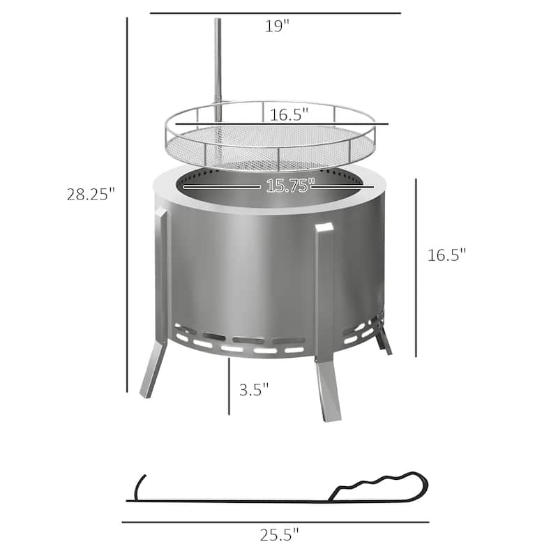 Smokeless Fire Pit BBQ Grill, Portable Wood Burning Firepit with Cooking Grate and Poker, for Backyard Patio Picnic, Silver