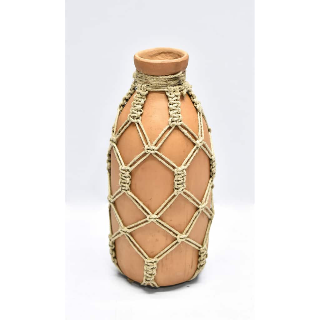 Small Mud Bottle Vase with Jute Rope - 9.75" - Camel Brown