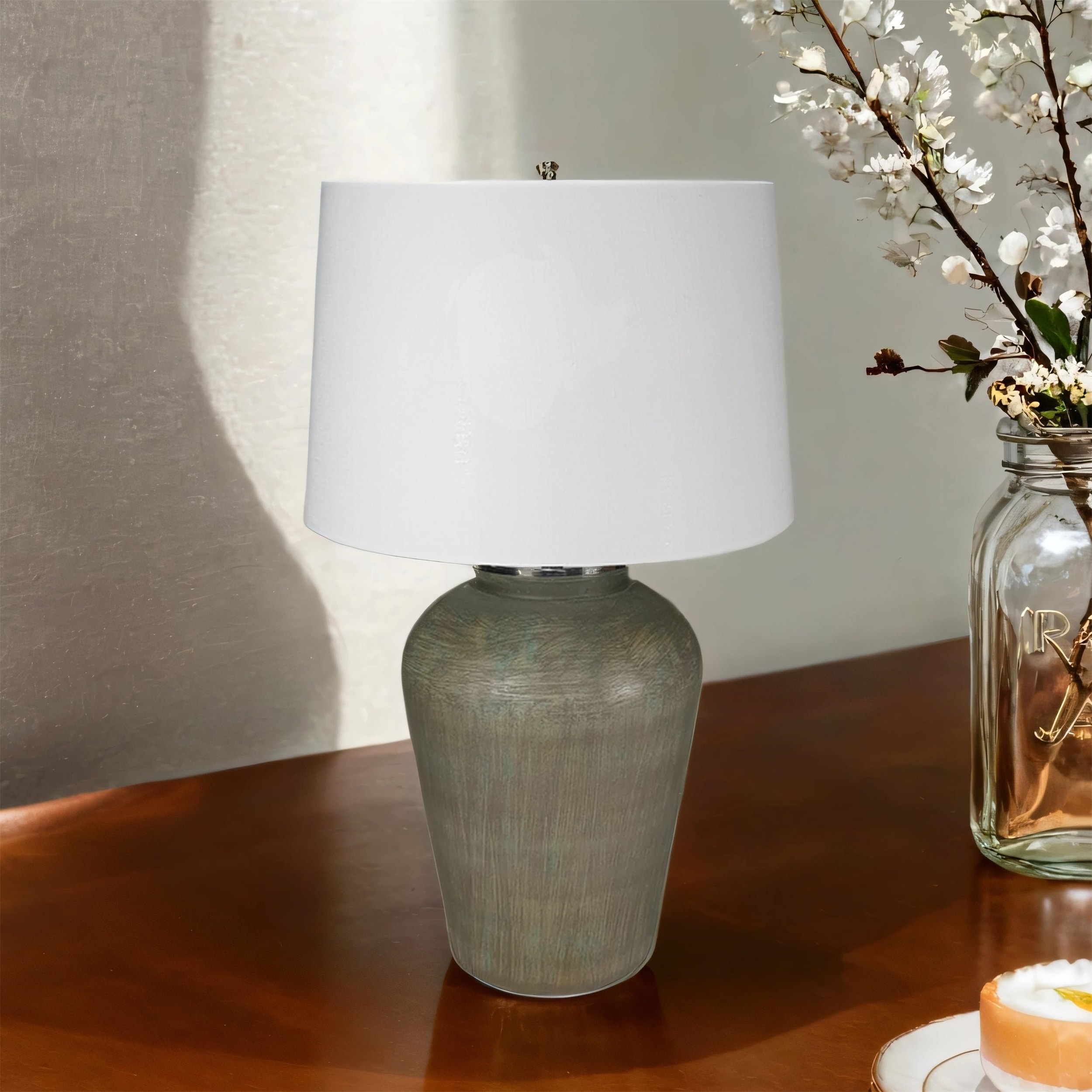 28.5inch Colorful Glass Table Lamp w/Linen Drum Shade,Energy Efficient