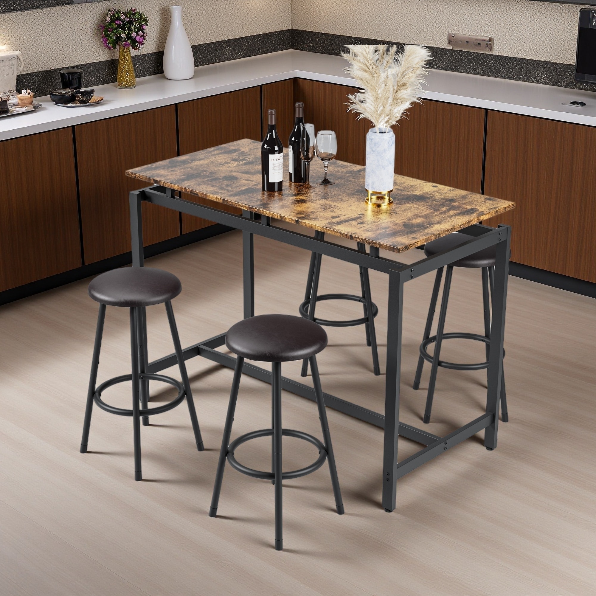 Set of 5 Kitchen Counter Height Table Set Rustic MDF & Iron Frame, Space-Saving Bar Table with 4 Stools, Easy Assembly & Durable