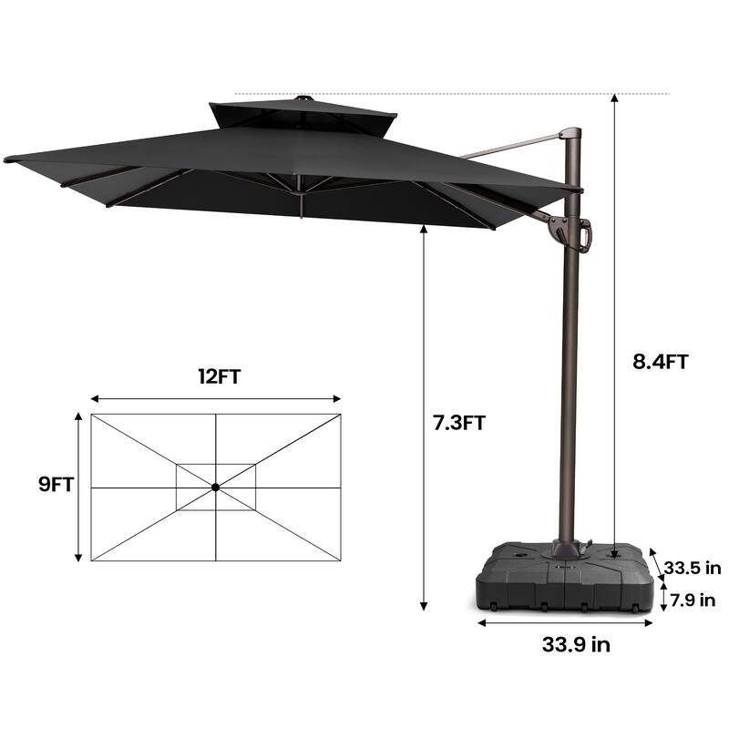 Outdoor Patio 9 FT x 12 FT Dual Top Umbrella Cantilever Offset with Base stand