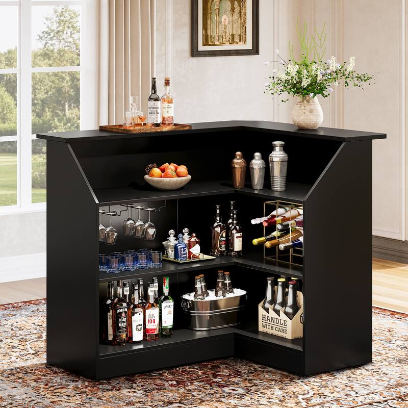 L-Shaped Bar Cabinet with Stemware Racks, 4-Tier Corner Bar Unit Liquor Wine Bar Table - Black
