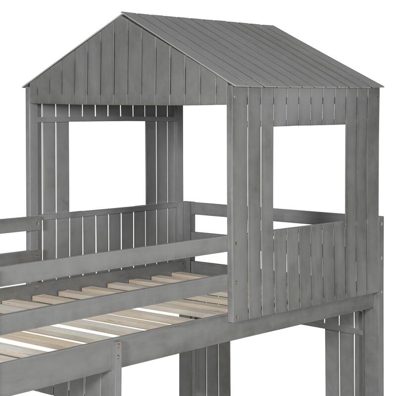 Play House Loft Bed with Floor Bed, Wooden Twin Over Full Bunk Bed with Roof, Windows, Ladder and Safety Guardrails