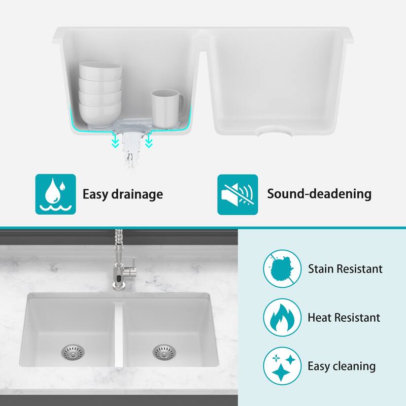 33" Undermount Double Bowl Quartz Kitchen Sink in White - 33'' x 19'' x 10.33''