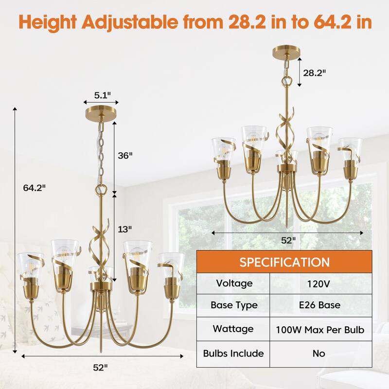 Parrot Uncle 26" Modern Gold 5-Light Dimmable Seeded Glass Chandelier
