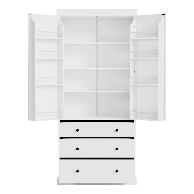 Kitchen Pantry Cabinet with 8 Doors Shelves, Wood Storage Cabinet with 3 Storage Drawers, Cupboard with Adjustable Shelves
