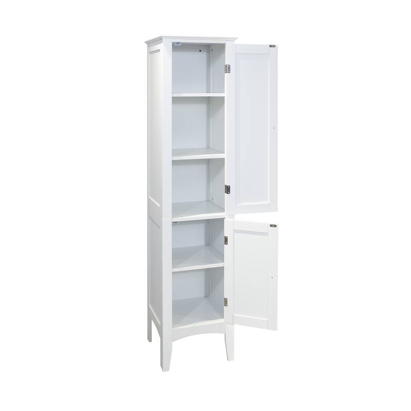 Tall Narrow Tower Freestanding Cabinet with 2 Shutter Doors 5 Tier Shelves,White
