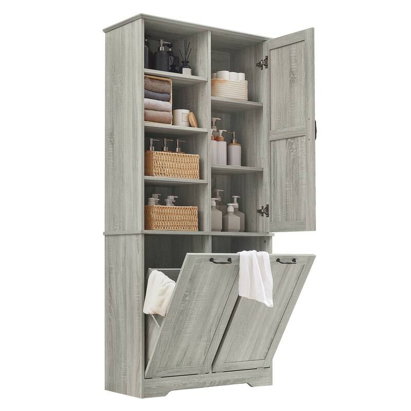 Bathroom Storage Cabinet with Doors and Drawers, Tilt-Out Laundry Hamper