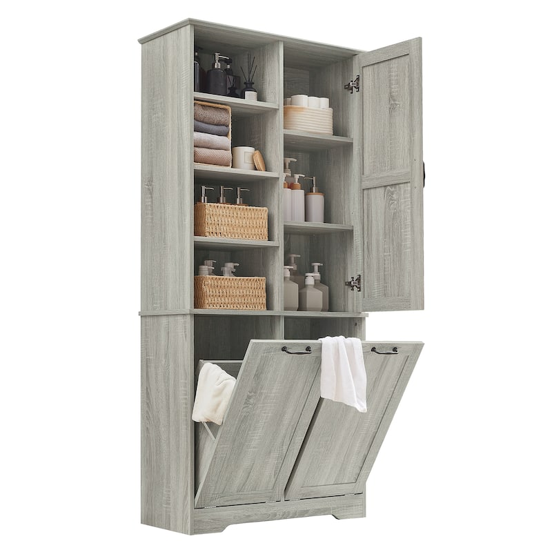 GDFStudio - Elijah Tall Bathroom Cabinet with Tilt-Out Laundry Hampers and Adjustable Shelves