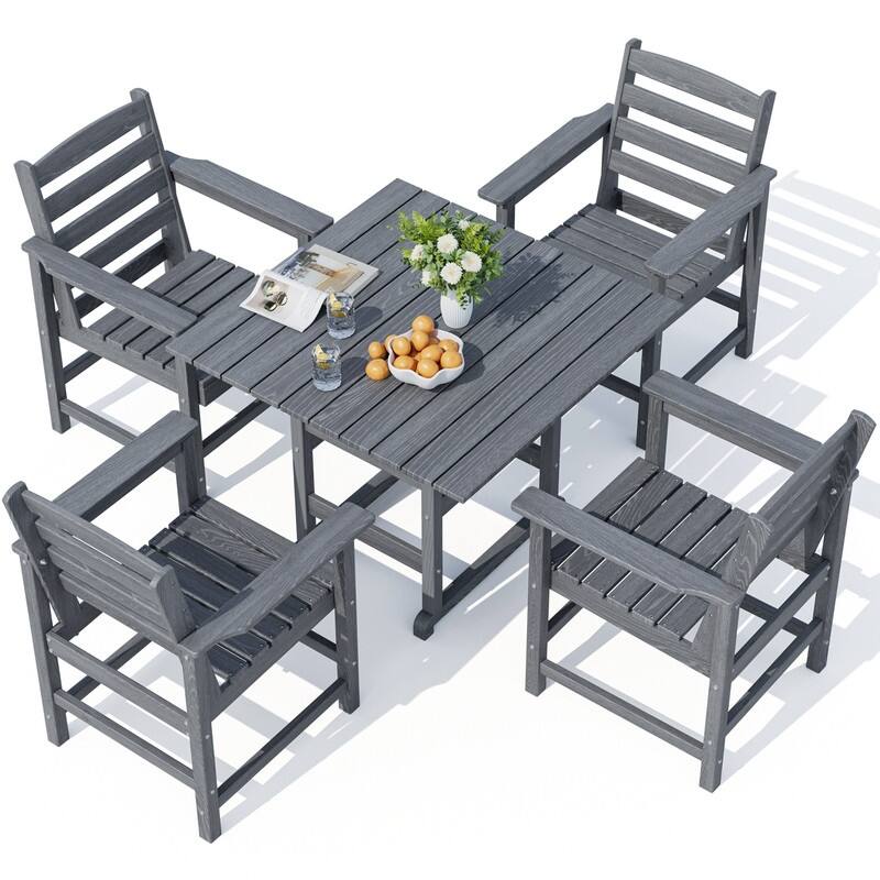 Gray 5/7-Piece HDPE Wood Grain Patio Outdoor Dining Set with Armrest & Umbrella Hole