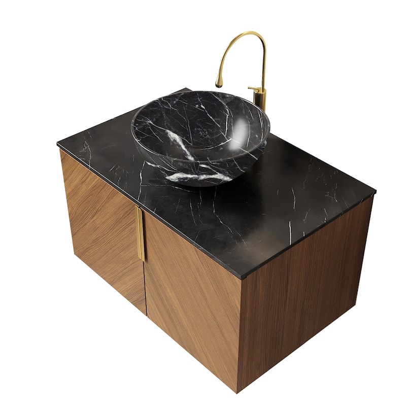 Wall-mounted Bathroom Vanity with Sink, Floating Storage Cabinet with Black Bowl Ceramic Basin and Sintered Stone Countertop