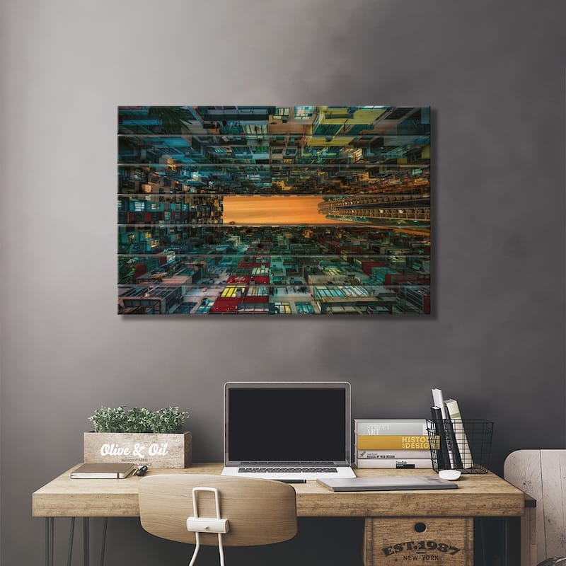 Hong Kong apartment buildings Print On Wood by Jan Becke - Multi-Color
