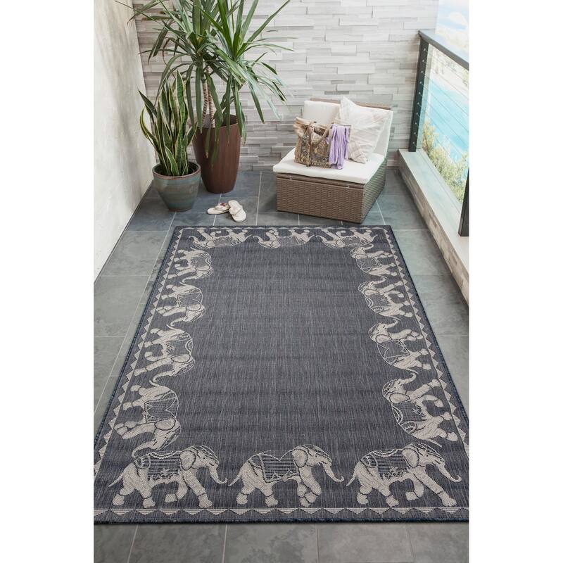 Liora Manne Carmel Marching Elephants Indoor/Outdoor Area Rug - 1'11" x 7'6" - Navy