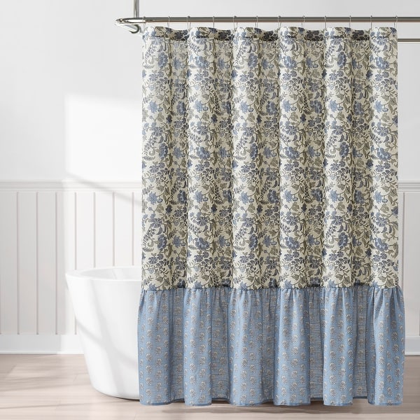 Lush Decor Lillian Block Print Linen Textured Blue/ Sage Shower Curtain