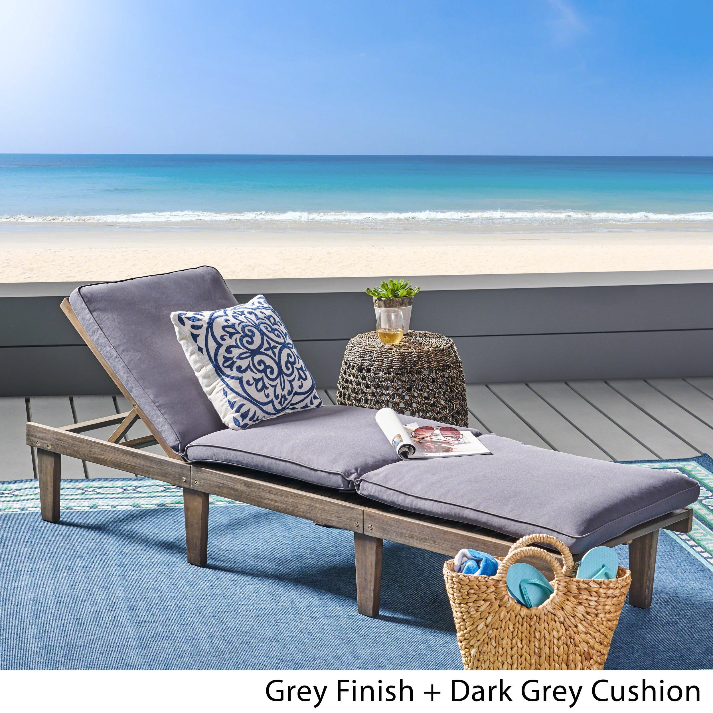 Outdoor Wooden Chaise Lounge Chair with Water-Resistant Cushion, Poolside Adjustable Reclining Chair