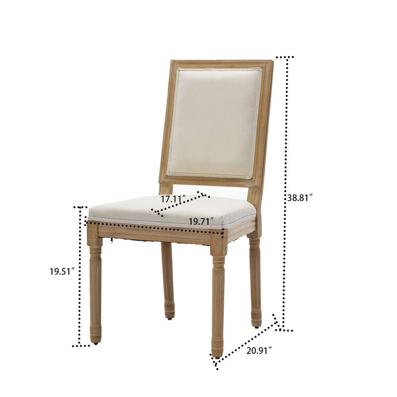 Elegant French Style Set of Two Linen Upholstered Dining Chairs with Solid Rubberwood Frame Legs