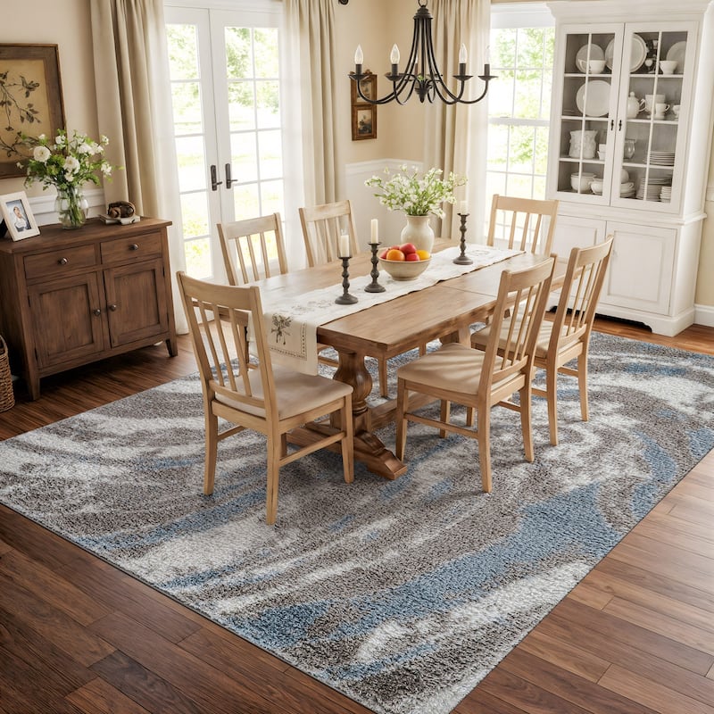 Marble Swirl Shag Rug - Blue - Medium Pile - Great for Living Room, Bedroom, or Entryway