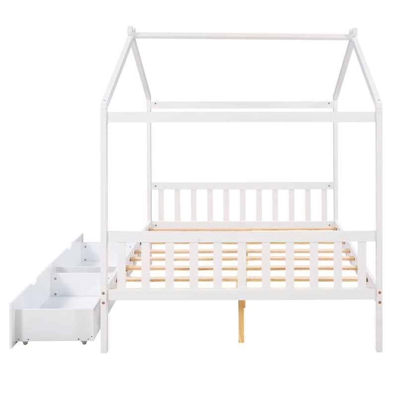 Full Size House Platform Bed with Storage Drawers, Roof, Headboard and Footboard