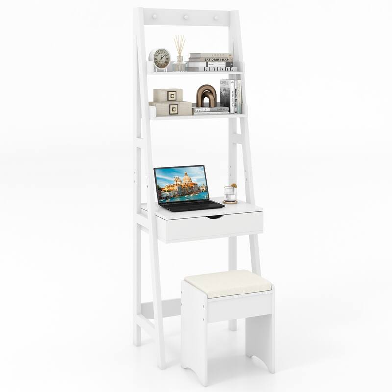 Gymax Vanity Desk w/ Flip-up Mirror and Stool w/ 3-Color Lighting 6 - White
