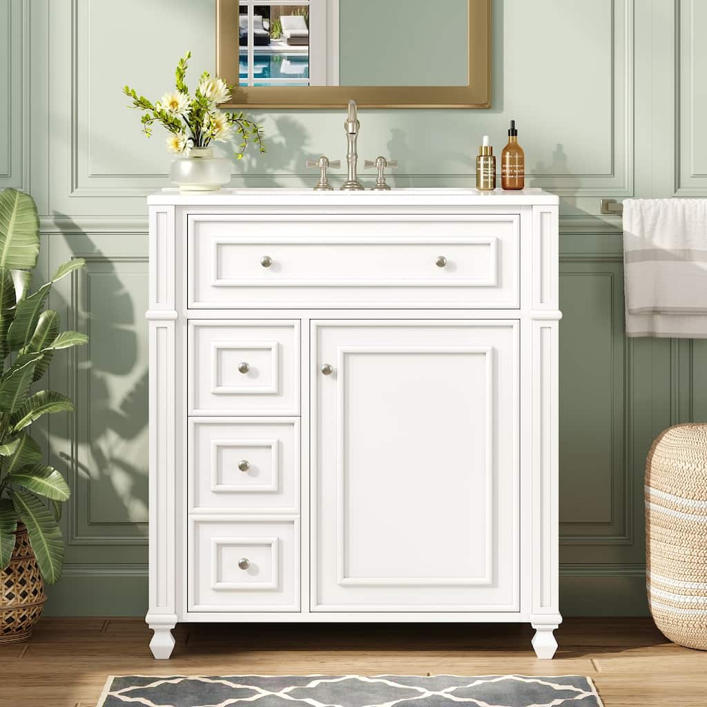 30" Bathroom Vanity with Ceramic Sink, Soft Close Doors and Storage Organizer
