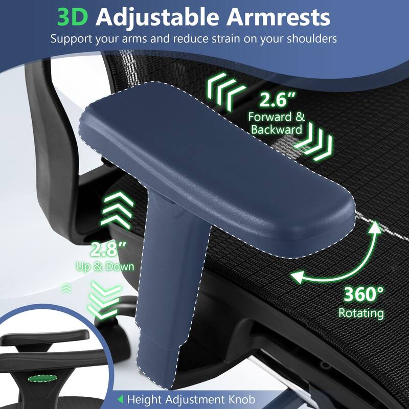 Ergonomic Mesh Office Chair with Reclining Backrest 3D Armrests Adjustable Headrest Lumbar Support and Footrest Black