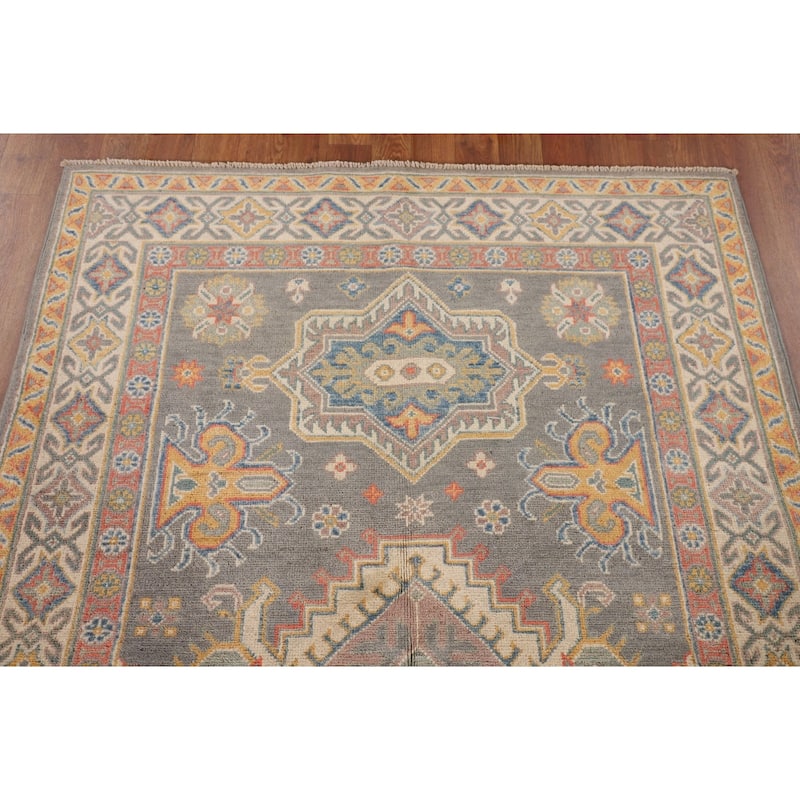 Gray Kazak Oriental Area Rug Hand-Knotted Traditional Wool Carpet - 4'1" x 6'0"