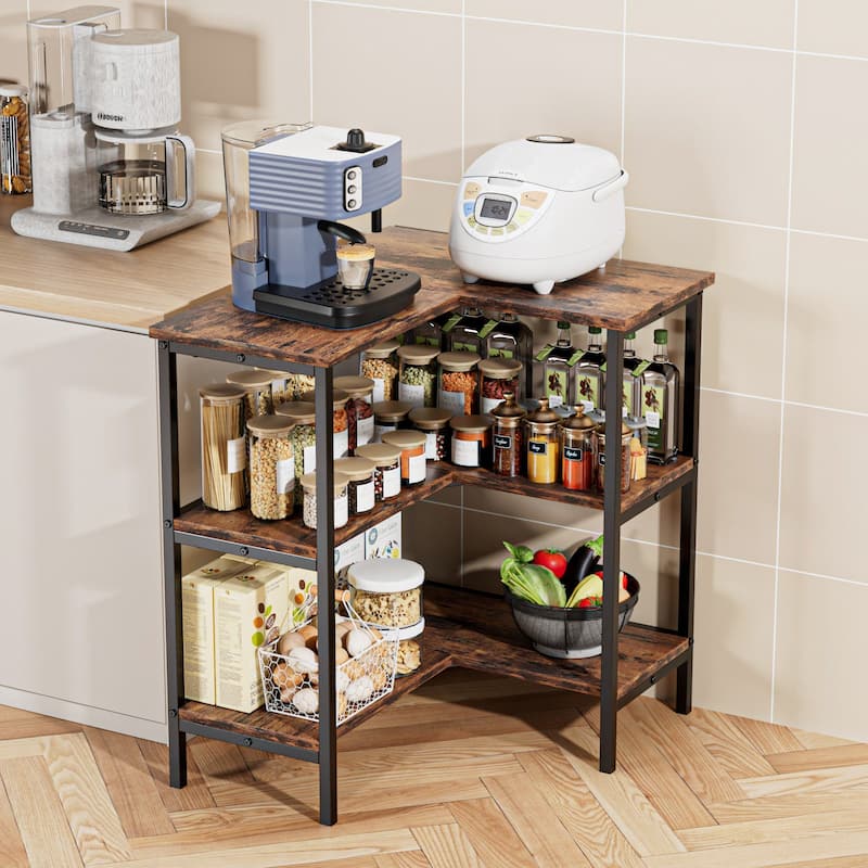 Javlergo L-Shaped 3-Tier Corner Shelf Black Metal Frame Wood Storage Display Shelves Multi-Purpose for Living Room Bathroom