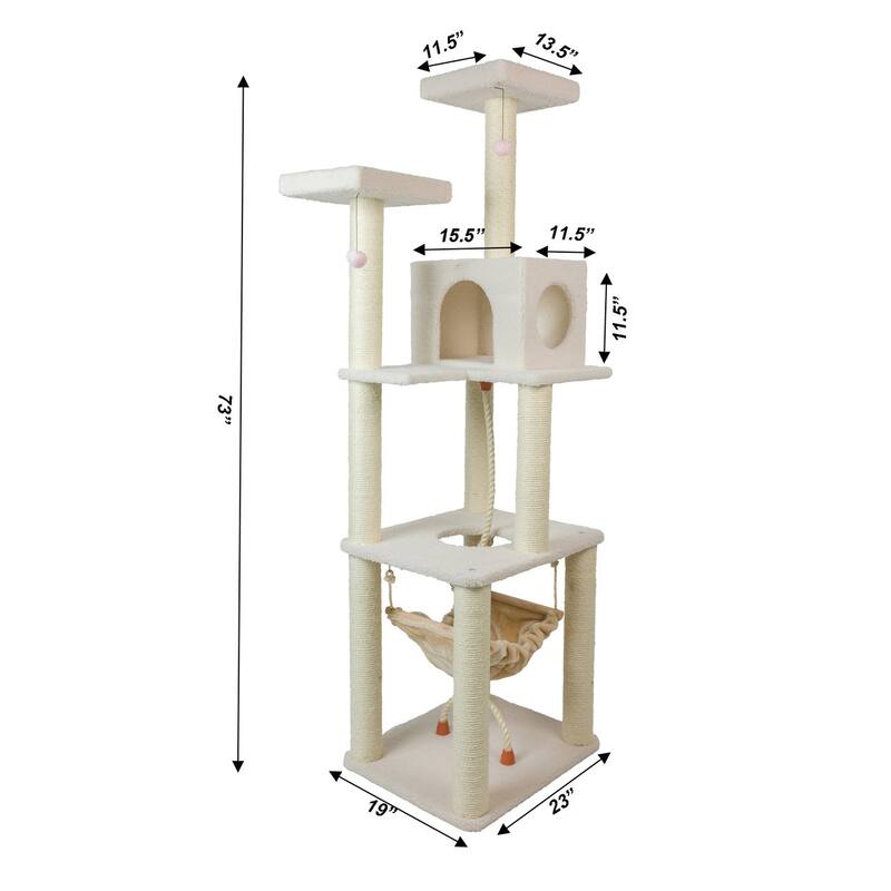 Classic Real Wood Cat Tree In Ivory, Four Levels With Rope Swing - Ivory