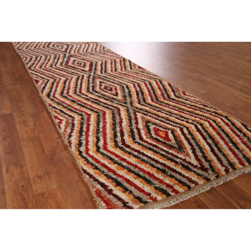 Geometric Moroccan Runner Rug Handmade Oriental Wool Carpet - 2'10" x 9'5" - 2'10" x 9'5" - Multi-Color