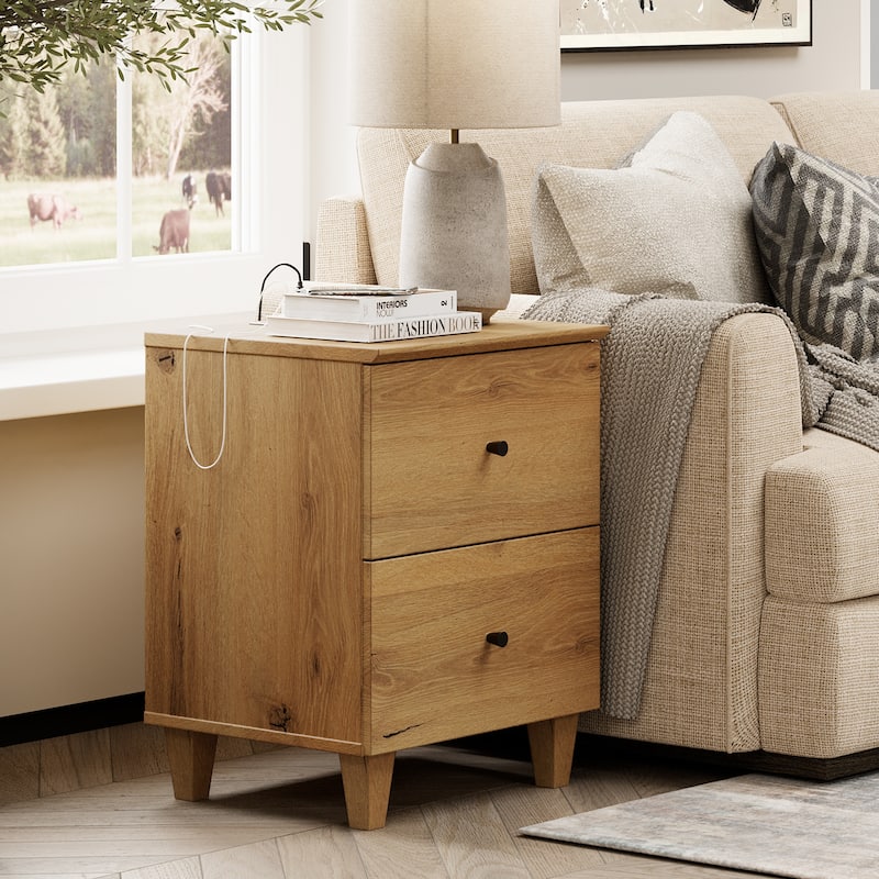 WAMPAT End Table with Charging Station and 2 Drawer for Living Room