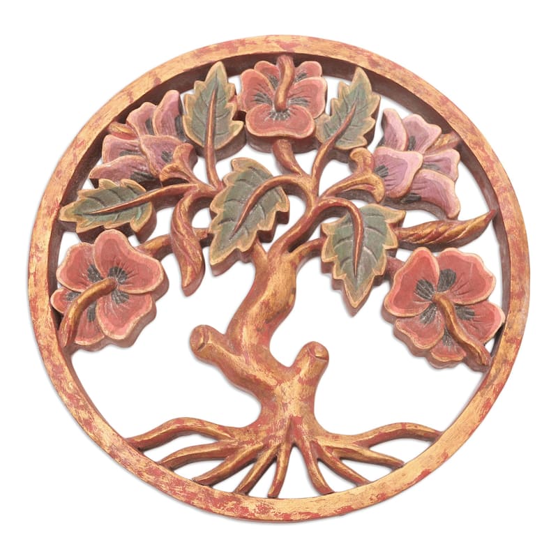 Novica Handmade Hibiscus Garden Wood Relief Panel