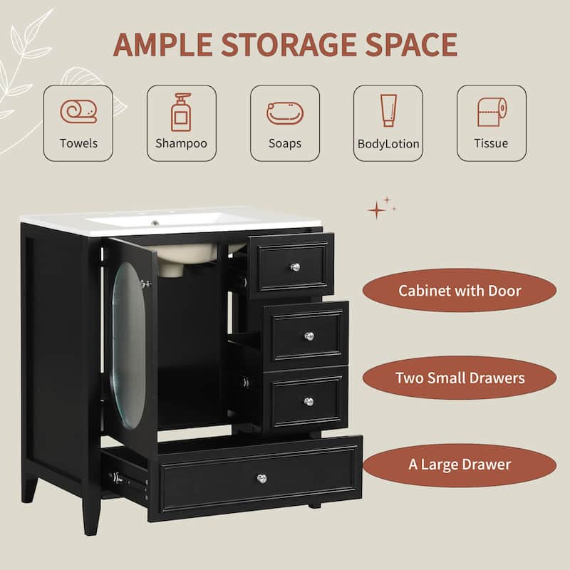 30" Bathroom Vanity with Sink, Bathroom Vanity Cabinet with Three Drawers and Door, Solid Wood and MDF